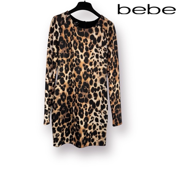 Bebe Animal | Leopard Print Scuba Bodycon Long-sleeve Mini Dress - Picture 3 of 10